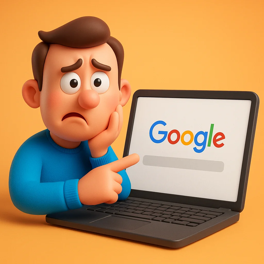 Illustrazione 3D comica di un personaggio confuso davanti a uno schermo vuoto, simbolo di un sito non indicizzato su Google.