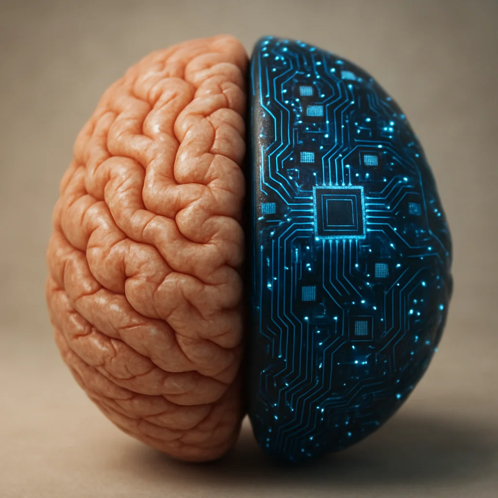 Cervello realistico diviso a metà, con un lato umano e uno digitale, a simboleggiare l’impatto dell’intelligenza artificiale sui contenuti